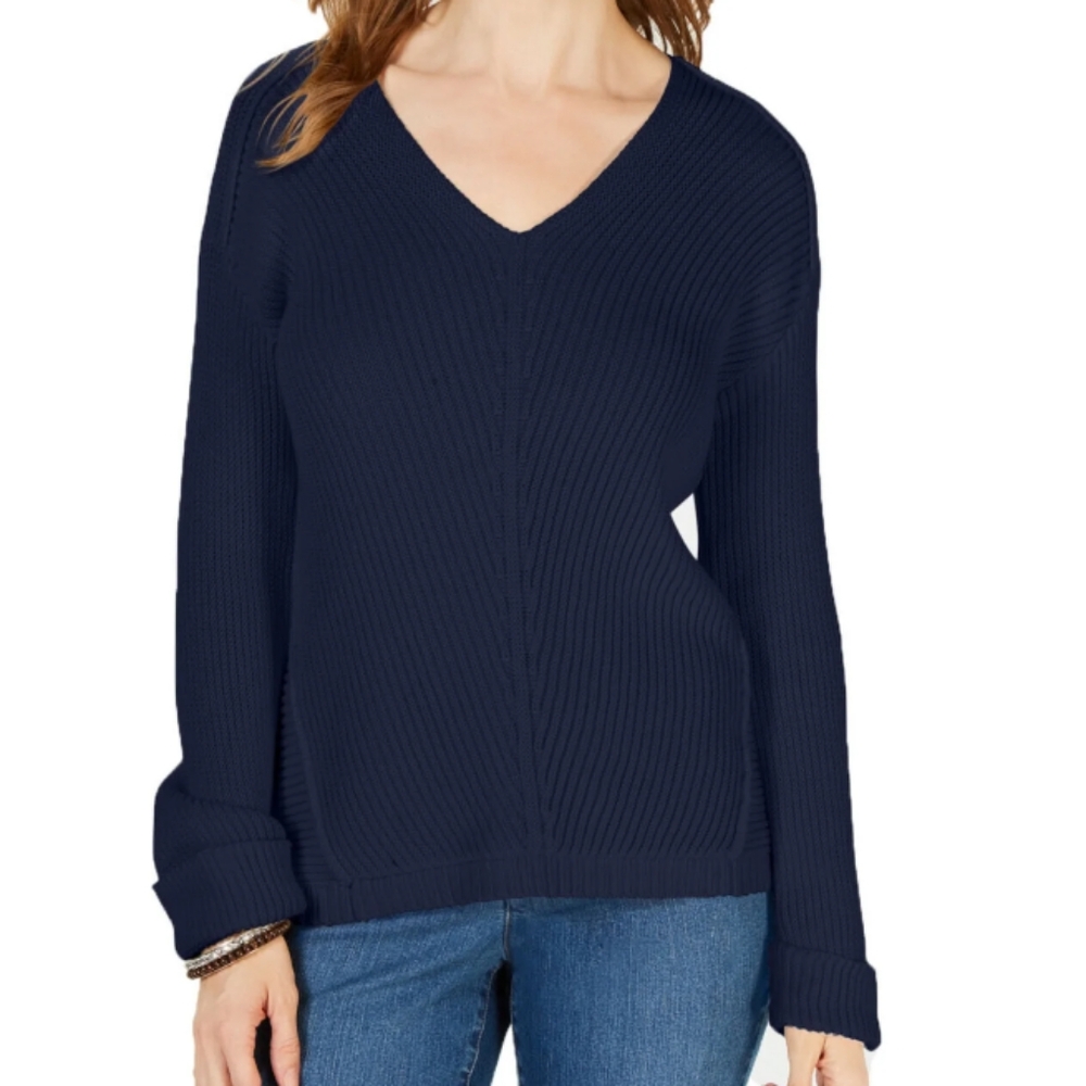 Charter Club Navy V Neck Cotton Blend Sweater